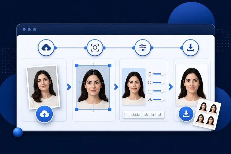 Online workflow for uploading, cropping, sizing and downloading a passport size photo