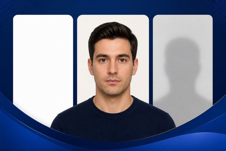 Passport photo portrait shown against clean white, off-white and light grey background options