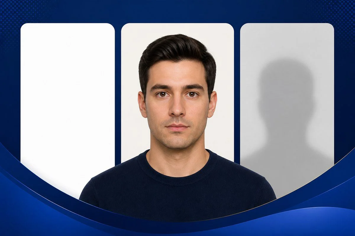 Passport photo portrait shown against clean white, off-white and light grey background options
