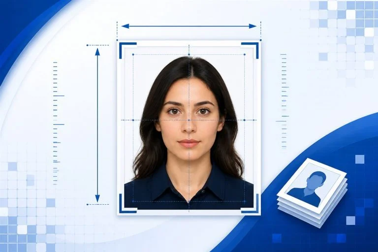 Passport size photo dimensions with crop frame, ruler and pixel measurement guides
