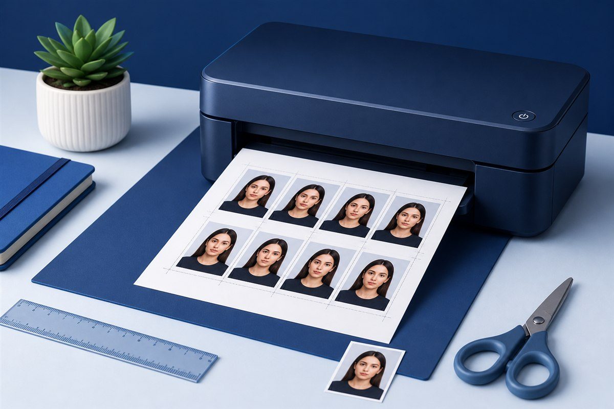 Home printer producing a sheet of passport size photos with ruler, scissors and cutting guides